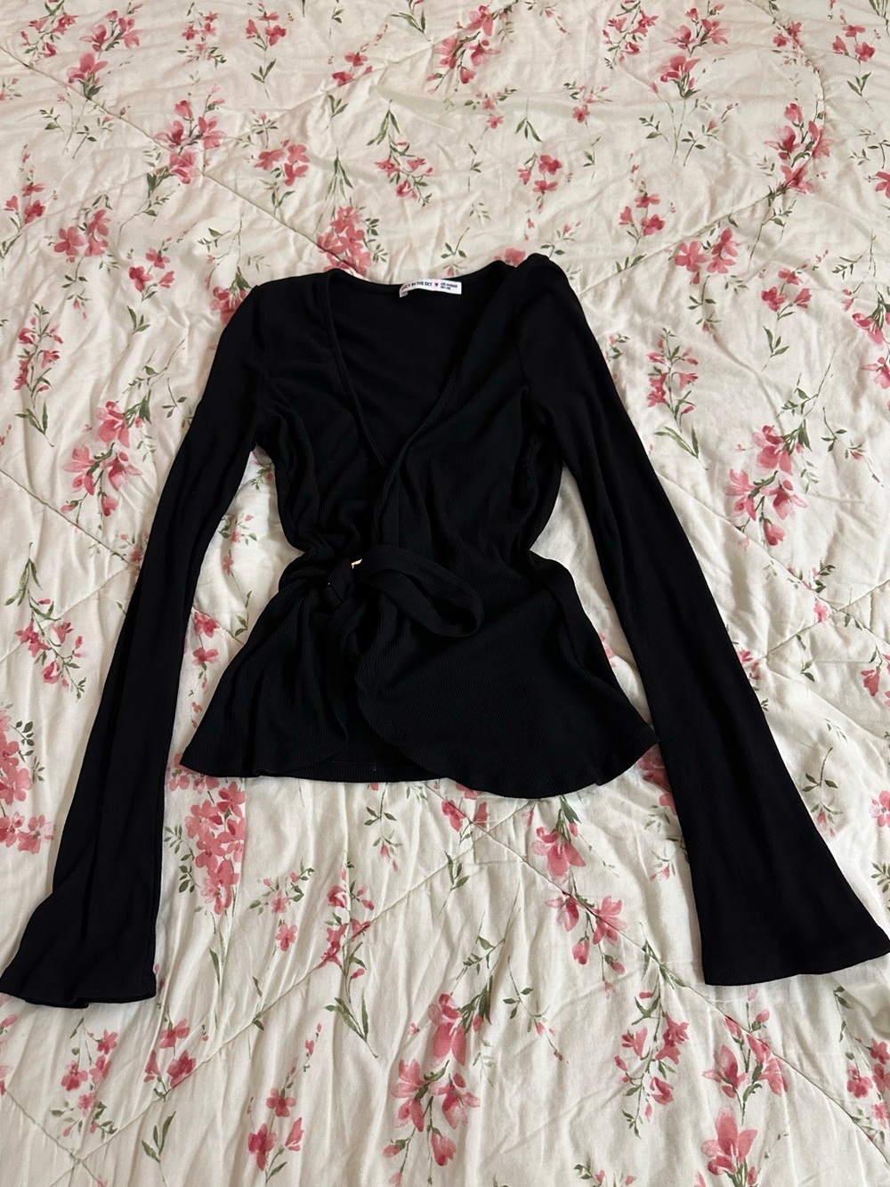 Lucy in the Sky Black Wrap Peplum Long-Sleeve Top with Side Tie - Picture 4 of 6